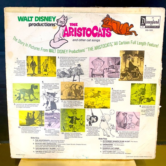 WALT DISNEY PRODUCTIONS VTG 1970 THE ARISTOCATS DISNEYLAND VINYL RECORD DQ-1333 - Picture 2 of 16